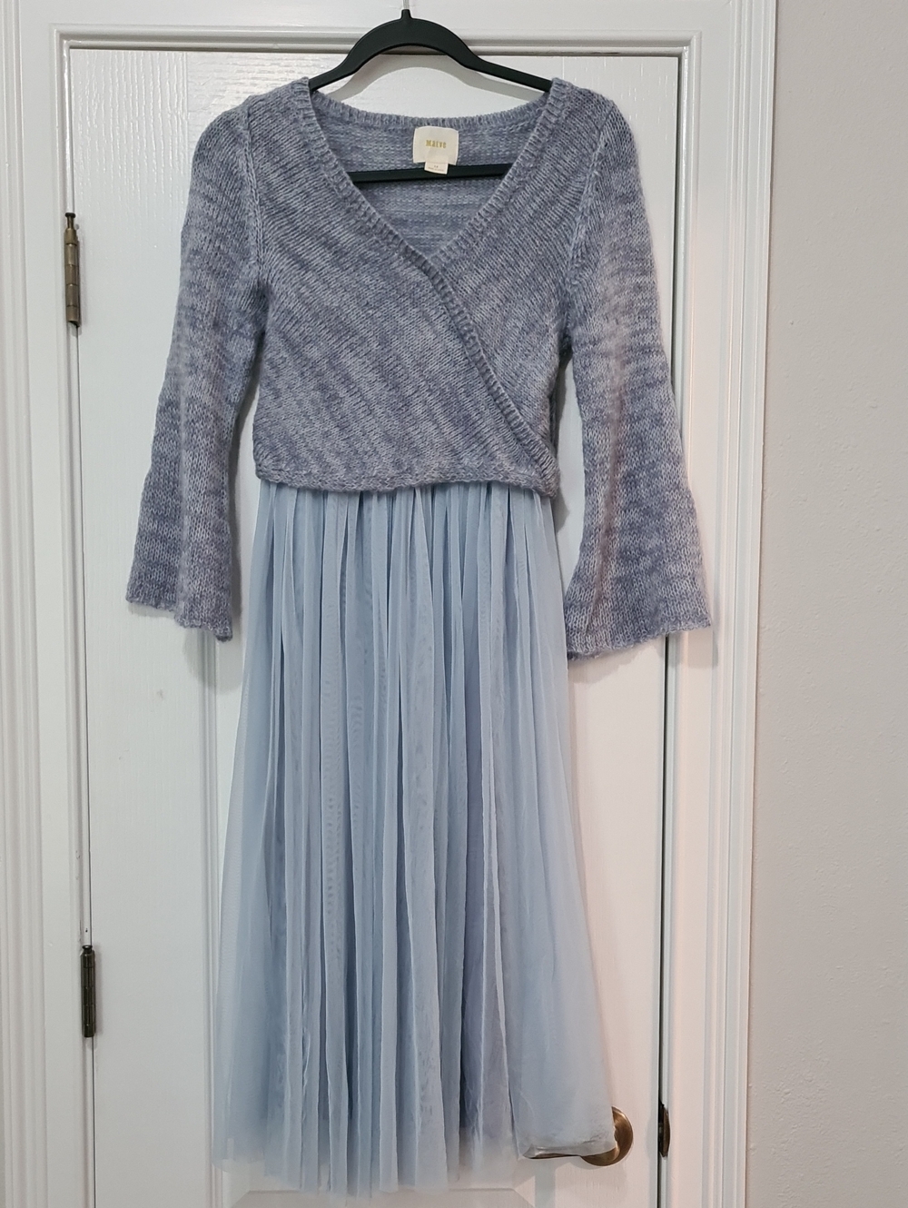 Maeve (Anthropologie) - Light Blue Knit Wrap Midi Dress with Tulle Skirt